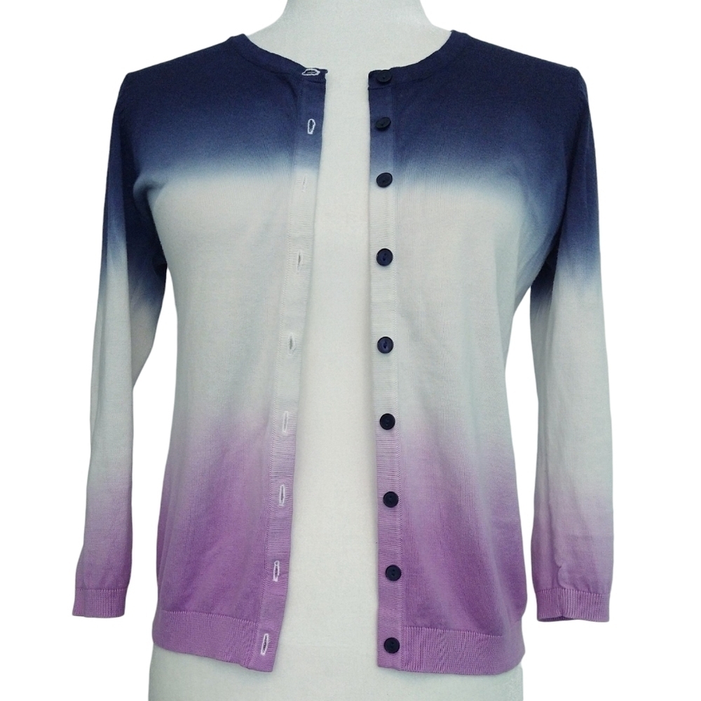 Talbots Blue White Lilac Purple Ombre Button-Up Cardigan Soft Lightweight Modern